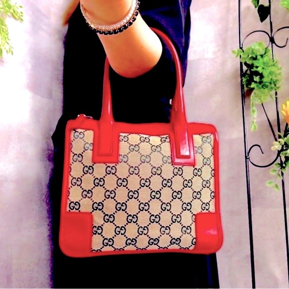 GUCCI MONOGRAM CANVAS MINI BAG W Red LEATHER DUAL HANDLES - Picture 4 of 15